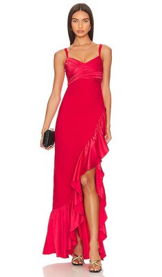 Bright Formal Dress, Red Carpet Satin Maxi Dress, Fitted Red Dress With Ruched Bodice, Red Gala Dress With Ruched Bodice, Red Dress With Ruched Bodice For Gala, Elegant Red Ruched Gown, Red Maxi Dress With Ruched Bodice, Red Strapless Maxi Dress With Ruffles, Fitted Dresses For Red Carpet And Prom Season