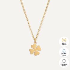 Send a wave of good fortune their way with this 18K gold-plated clover charm. Perfect for anyone embarking on a journey or facing a challenge. 18K Gold-Plated Nickel, Lead, and Cadmium Free Product Code: M0007GN Collection: Sentiment Type: Short Chain Material: Stainless Steel Dimensions: Adjustable from 41cm to 46cm Pendant Dimensions: Style: Includes: Gold Flower Pendant Charms For Gifts, Gold Flower Pendant Charms As Gift, Hypoallergenic Yellow Gold Plated Charm Necklaces, Gold Plated Tarnish Resistant Necklace For Good Luck, Hypoallergenic Yellow Gold Plated Charm Necklace, Hypoallergenic Yellow Gold-plated Charm Necklace, Tarnish Resistant Gold Plated Necklace For Good Luck, Gold Tarnish-resistant Charm Necklace For Good Luck, Yellow Gold Plated Flower Charm Necklace