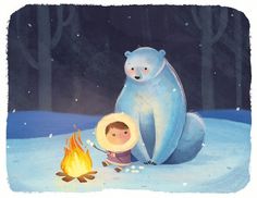 a painting of a boy sitting next to a polar bear by a campfire in the snow