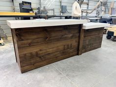 a counter made out of wood in a shop