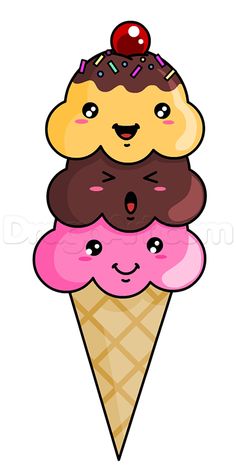 an ice cream cone with three different flavored ice creams on top, and two smiling faces