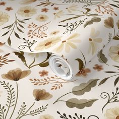 a white wallpaper with brown and yellow flowers on it