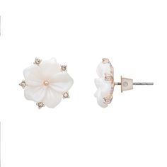 Add a stunning and floral touch to your look with these beautiful button earrings. Add a stunning and floral touch to your look with these beautiful button earrings. Length: 10 mm Backings: post Metal: brass Plating: rose gold tone Finish: polished Material: acrylic, glass Nickel free Not appropriate for children 14 years old and younger. Size: One Size. Color: Multicolor. Gender: female. Age Group: adult. White Rose Earrings, White Flower Earrings, Wedding Jewelery, Earrings Outfit, White Flower Earring, Post Metal, Ideal Wardrobe, Chic Flowers, Flower Pendant Necklace