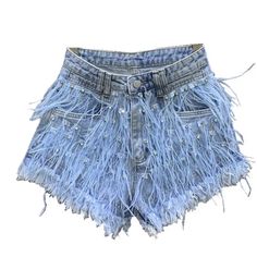 Rhinestones Ostrich Feathers Denim Shorts Has Stretch Cut A Little Small Recommend Size Up Denim Party Shorts, Spring Party Denim Jean Shorts, Blue High Waist Rhinestone Jeans, Short Denim Party Jeans, Rhinestone Fringe Denim Jean Shorts For Spring, High-waist Blue Jeans With Rhinestones, Blue High-waist Jeans With Rhinestones, High Waist Blue Jeans With Rhinestones, Blue High Waist Jeans With Rhinestones