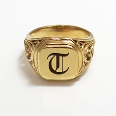 "The initial signet ring is a classic piece of jewelry for both men and women. Bring a little bling with this unique square-shaped initial signet ring in 24k gold plated brass with your choice of initial letters made especially for you. The monogram seal ring is polished to a high finish and decorated with a delicate ornamental design that will certainly be noticed as a refreshing element in any day or night outfit. This monogram ring is a perfect gift for a birthday, anniversary, as bridesmaid' Pinky Ring Gold, Men Signet Ring, Monogram Ring Gold, Engraved Signet Ring, Signet Ring Gold, Pinky Signet Ring, Gold Initial Ring, Gold Pinky Ring, Ornamental Design