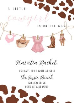 a little cowgirl is on the way baby shower party card with clothes hanging from a line