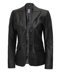 Two Button Women's Black Leather Blazer
Here you go ladies, Fanjackets has produced this Two Button Women's Black Leather Blazer at a price that you would all choose on wearing it at work. The black leather blazer for women indeed looks stylish, with a wide lapel collar and front two buttoned closures. Inside polyester lining has been applied and two flap pockets are made on the waist part to keep your belongings safe. Leather Blazer With Snap Buttons For Office, Office Leather Blazer With Snap Buttons, Leather Blazer With Snap Buttons And Notch Lapel, Leather Business Blazer With Snap Buttons, Leather Button-up Blazer For Work, Business Leather Jacket With Notch Lapel And Snap Buttons, Leather Blazer With Snap Buttons For Work, Notch Lapel Leather Jacket With Snap Buttons For Work, Leather Jacket With Snap Buttons For Work