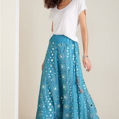 Beautiful Skirt With Glass Looking Beading And Sequins. New In Package Never Used Maxi Skirt Petite Medium Traditional Embellished Bottoms For Party, Traditional Embellished Party Bottoms, Blue Sequined Wide Leg Bottoms, Sequin Long Skirt For Summer, Summer Embellished Blue Skirt, Summer Blue Embellished Skirt, Embellished Blue Skirt For Summer, Festive Blue Party Skirt, Festive Long Blue Skirt