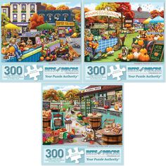 three puzzles with different pictures of people and animals in the park, one is for sale