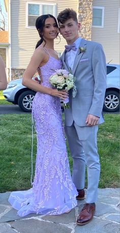 Prom Dresses 2023 Lavender, Purple Mermaid Prom Dresses, 2023 Prom Dresses Purple, Prom Dresses 2023 Ideas Purple, Lilac Hoco Couple, Matching Prom Couples Purple, Purple Hoco Couple Outfits, Lavender Prom Dress Aesthetic, Lilac Purple Prom Couple