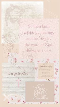 a collage of images with the words, bibles and symbols in pink tones