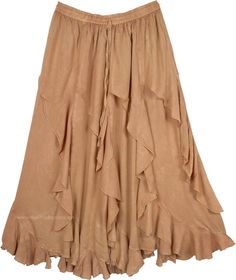 Western Curved Tier Frill Skirt in Tan Beige Crunch Brown Ruffled Long Skirt, Beige Long Ruffled Skirt, Bohemian Layered Hem Maxi Skirt For Spring, Bohemian Layered Maxi Skirt For Spring, Beige Tiered Ruffle Bottoms, Bohemian Flowy Maxi Skirt With Layered Hem, Bohemian Brown Bottoms With Ruffles, Bohemian Tiered Maxi Skirt With Layered Hem, Bohemian Tiered Ruffled Maxi Skirt