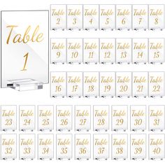 PRICES MAY VARY. You Will Receive: 40 pieces of table numbers for wedding reception and 40 pieces of table number stands, 80 pieces in total, adequate and complete to meet your table decoration needs on many occasions Number and Calligraphy Prints: the acrylic table numbers are printed with 1-40 numbers and calligraphy, and their gold is particularly beautiful against the clear acrylic, simple and elegant, modern and simplified, suitable for various weddings and table themed parties Quality Mate Table Signs For Wedding, Signs For Wedding Reception, Acrylic Table Signs, Numbers Calligraphy, Simple Wedding Reception, Calligraphy Table Numbers, Signs For Wedding, Gold Table Numbers Wedding, Wedding Table Number Holders