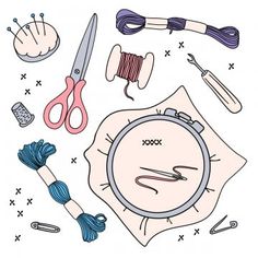 sewing supplies including scissors, thread, needle and spools on a white background