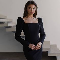 Step into sophistication with our Formal Black Mini Dress! This stunning dress, featuring long sleeves and an open back, is perfect for wedding guests and special occasions. Its timeless design and premium fabric make it a standout piece for any elegant event. 💖✨ Features: Material: Luxurious premium-grade crepe diagonal fabric that feels smooth and looks stunning 🌟 Design: Midi length with a total length of 82 cm, skirt length of 45 cm, and sleeve length of 64 cm 🌸 Color: Classic black, idea Elegant Backless Dress With Square Neck For Party, Elegant Square Neck Backless Party Dress, Elegant Backless Square Neck Party Dress, Elegant Evening Backless Dress With Square Neck, Elegant Square Neck Backless Dress For Evening, Sleek Long Sleeve Evening Bodycon Dress, Cocktail Evening Dress With Long Sleeves And Fitted Bodice, Cocktail Evening Dress With Fitted Bodice And Long Sleeves, Long Sleeve Evening Dress With Fitted Bodice For Cocktail