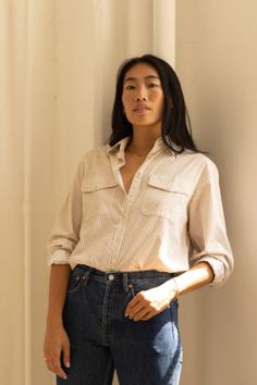 A layering piece that is both on trend and timeless, designed in a soft cotton twill with a printed stripe and horn buttons. Wear buttoned up for a polished look or open layered over a tank. Polished Look, Layering Pieces, Cotton Twill, Horn, White Stripe, Button Downs, Layering, Button Down Shirt, Button Up