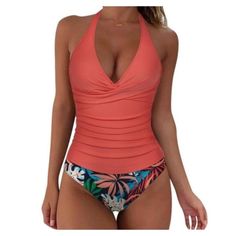 Discover The Perfect Blend Of Style And Comfort With This Vibrant Swimsuit. The Coral Halter Top Offers A Flattering Fit, While The High-Waisted Bikini Bottoms, Adorned With Tropical Prints, Bring An Exotic Flair To Your Beachwear Collection. Dive Into Summer With Confidence. Coral Halter Tankini Top Tropical Print High-Waisted Bottoms Size Xl Made In China 80% Nylon, 20% Spandex (Top) 82% Polyester, 18% Spandex (Bottoms) Please Note That The Color Of The Item In The Pictures May Vary From The A Solid Halter Neck Tankini With Built-in Bra, Halter Neck Tankini With Built-in Bra For Pool, Halter Neck Tankini With Built-in Bra For Beachwear, Halter Neck Nylon Tankini With Built-in Bra, Floral Print V-neck Tankini For Pool, Halter Top Tankini, Halter Tankini, Beachwear Collection, Spandex Top