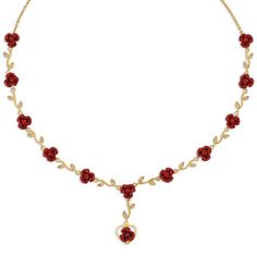 This stunning 24kt gold-plated necklace is crafted in a stylish Y-shape and features twelve exquisitely detailed roses, perfectly capturing their lush crimson beauty.  Linking the roses is an artfully crafted 24kt gold-plated vine of delicate "leaves" -- each one gleaming with a genuine Swarovski crystal.For a final romantic touch, a single rose framed within a heart dangles gracefully from the chain.  The necklace measure a classic 18" in length and is secured with a lobster claw clasp.  A conv Cheap Rose Red Earrings For Gift, Luxury Red Choker For Gift, Elegant Rose Necklaces For Valentine's Day, Elegant Rose Detail Necklaces For Anniversary, Elegant Rose Detail Necklaces For Gifts, Elegant Rose Necklaces For Anniversary, Elegant Rose Necklaces For Gifts, Elegant Rose Necklace For Gift, Elegant Roses Necklaces For Anniversary