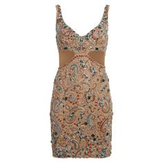 Roberto Cavalli Embellished Multicolor Paisley Cut Out Cocktail Dress Dazzling and statement, this carne tulle stretch dress features cut outs at the side and is cut in a sleek silhouette. Multicolored sparkling crystals are placed to create a bandana/paisley pattern. Featuring a V neckline, sleeveless design, side cut outs, knee length, and a back zipper closure. Brand new with tags. Made in Italy. Size: 40 (IT) Luxury Thoughts, College Formal Dresses, Simple Dresses Casual, Bandana Paisley Pattern, Rich Wardrobe, Clothes Pieces, Vintage Roberto Cavalli, Roberto Dress, Polyvore Clothes