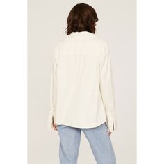 Off-white chambray (100% Cotton). Top. Long sleeves. Collar. Front button closure. 33.5" from shoulder to hemline. Imported. White Tops With Roll-up Sleeves For Everyday, Chic Cotton Blouse With Fold Down Collar, Chic White Blouse With Roll-up Sleeves, Spring Everyday Shirt With Button Cuffs, Spring Shirt With Button Cuffs For Everyday Wear, White Button-up Tops For Fall, Spring Tops With Button Closure And Fold Down Collar, Cotton Blouse With Roll-up Sleeves For Fall, Fall Shirt With Rolled Sleeves For Day Out