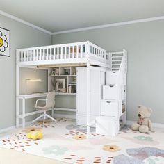 a white loft bed with stairs and desk in a child's playroom area