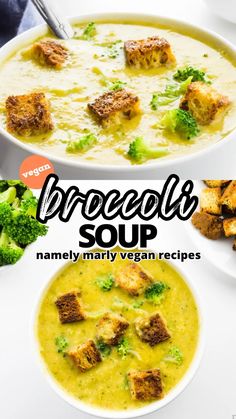 broccoli soup with croutons and cheese in a white bowl on a table