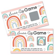 two tickets with rainbows on them and the words scratch off game written in black