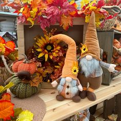 two gnomes are sitting on a table with fall leaves and pumpkins in the background