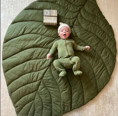 a baby laying on top of a large green leaf