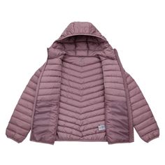 Stay warm and stylish with our Rokka&Rolla Women's Light Packable Puffer Jacket. Featuring an elastic waist and cuffs for a snug fit, this soft jacket includes zippered pockets and inside pockets for secure storage. The hood provides extra protection against the elements, while the packable pouch makes it perfect for travel and on-the-go convenience. Effortlessly blend comfort and functionality with this versatile outerwear essential. Casual Pink Nylon Puffer Jacket, Lightweight Nylon Long Sleeve Outerwear, Lightweight Long Sleeve Nylon Outerwear, Lightweight Solid Winter Outerwear, Lightweight Solid Outerwear For Winter, Lightweight Solid Outerwear For Fall, Lightweight Casual Outerwear In Solid Color, Casual Winter Stretch Puffer Jacket, Casual Purple Outerwear For Cold Weather