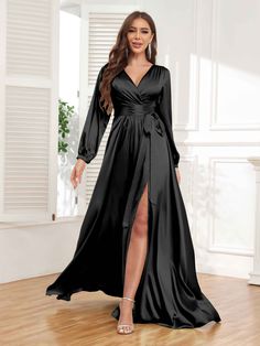 Elegant A-line Satin Gown, Elegant A-line Maxi Dress For Dinner, Elegant Pleated Gown For Prom Season, Elegant Pleated Prom Gown, Elegant Pleated Satin Gown, Formal Pleated Satin Gown, Pleated Satin Prom Gown, Pleated Satin Gown For Prom, Evening Long Sleeve Satin Maxi Dress