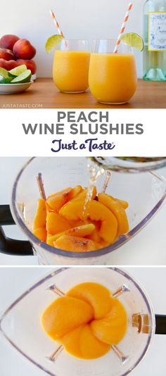 peaches and wine slushies are being made in a blender with orange juice