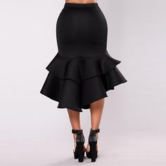 The Black Ruffle Mermaid Midi Skirt is a unique and stylish addition to any wardrobe. Crafted with fine materials, this skirt features a high waist, mermaid cut, midi length, and ruffled bottom. Perfect for any occasion, the skirt flatters various body types and provides maximum comfort and movement. Zipper closure Machine Wash Brand Size Dress Bust Waist Hip XS 0-2 31-32.5'' 23-24'' 31-34" S 4-6 33-35'' 25-26'' 35-37" M 6-12 35-36'' 27-28'' 38-39" L 12-14 38-40'' 29-31'' 40-42" XL 14-16 40-42'' 33.5-36'' 44-46" Spring Party Skirt With Mermaid Hem, Chic Fitted Skirt With Mermaid Hem, Chic Fitted Mermaid Hem Skirt, Stretch Mermaid Hem Skirt For Night Out, Party Skirt With Lined Mermaid Hem, Elegant Ruffled Mini Skirt For Party, Elegant Mermaid Hem Skirt For Spring, Chic Fitted Skirt With Ruffle Hem, Chic Fitted Bottoms With Ruffled Skirt