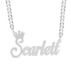 Make an expressive statement with this personalized CZ crowned name necklace. Made in responsibly sourced, nickel-free 925 sterling silver for everyday wear. Stone: Cubic Zirconia Stone Size: 1 mm Chain Length: 18 in. Chain Width: 3 mm Font: Script Character Limit: 3-10 Personalized Silver Cubic Zirconia Jewelry, Silver Custom Necklace With Diamond Accents For Anniversary, Custom Silver Necklace With Diamond Accents For Anniversary, Silver Jewelry With Diamond Accents For Birthday, Personalized Silver Diamond Name Necklace, Silver Nameplate Necklace With Diamond Accents, Silver Cubic Zirconia Nameplate Jewelry, Silver Engraved Diamond Custom Necklace, Custom Silver Diamond Necklace Engraved