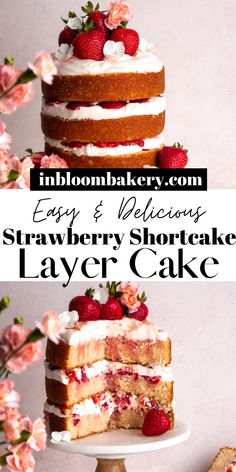 strawberry shortcake layer cake with white frosting and fresh strawberries on top