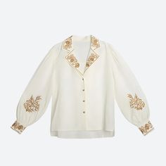 Enhance your wardrobe with this vintage-inspired shirt adorned with delicate rose embroidery and a stylish notched collar. Intricate floral details add elegance, while the relaxed fit ensures comfort. Ideal for both casual and dressy occasions, pair with your favorite skirt or trousers for a chic, timeless look. Vintage aesthetic Rose embroidery detail at collar &sleeve & cuff Button fastening at front Notched collar Long sleeve Balloon sleeve Polyester Autumn Lantern, Korean Office, Aesthetic Rose, Crop Pullover, Embroidered Shirts, Lantern Sleeved Blouses, Floral Embroidered Top, Long Sleeve Floral Top, Rose Embroidery