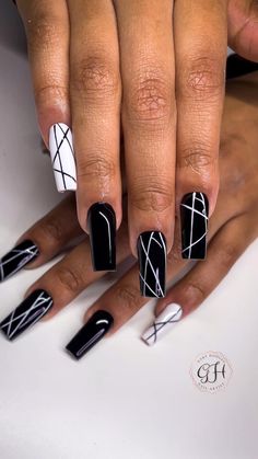 Blk Nails Art Designs, Nails Black And Gray, Acrylic Nail Designs Professional, Gel X Nail Designs Valentines Day, Nail Designs For Mid Length Nails, Swoop Nail Designs, Black And White Acrylic Nails Designs Coffin, Design On Black Nails, Black Nails Ideas On Black Women