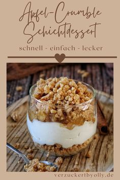 an image of a dessert in a glass bowl on a wooden board with the title above it