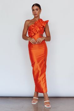 Shop the NY Moment Wide Ruffle Shoulder Dress Orange | Selfie Leslie Orange Floor Length Dress, Sleeveless Ruffled Maxi Dress For Prom Season, Bright Formal Dress, Flirty Maxi Dress With Ruffled Straps For Evening, Spring Evening Floor-length Ruffle Dress, Flirty Evening Maxi Dress With Ruffled Straps, Off-shoulder Ruffled Maxi Dress For Gala, Chic Maxi Dress With Ruffled Straps For Prom, Fitted Floor-length Ruffle Dress For Spring