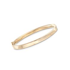 Ross-Simons - Baby's 14kt Yellow Gold Bangle Bracelet. 4.5". For little wrists with a big sense of style, our baby's bangle bracelet makes a fashion statement without saying a word! Hinged with an extended safety bar. Expands to fit over the hand and best fits a 4" wrist. Push-button clasp, 14kt yellow gold bangle bracelet. Classic 14k Gold Hinged Bracelet, Classic 14k Stamped Gold Bangle Bracelet, Classic Hinged 14k Gold Bracelet, Classic 14k Gold Bangle Bracelet, Classic Oval Gold Bracelet Adjustable, Classic Adjustable Oval Gold Bracelet, Classic Polished Name Bracelet Bangle, Classic 14k Gold Name Bangle Bracelet, Classic Name Bangle Bracelet With Polished Finish