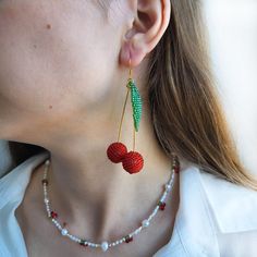 Red Cherry Beaded Earrings Fruit Earrings Cherry Dangle Earrings Long Drop Earrings - Etsy Playful Single Dangle Earring, Playful Handmade Drop Earrings, Trendy Dangle Beaded Earrings With Ear Wire, Trendy Beaded Dangle Earrings With Ear Wire, Playful Red Dangle Jewelry, Playful Handmade Dangle Jewelry, Cherry Dangle Earrings With Ear Wire, Cute Dangle Beaded Earrings With Ear Wire, Cute Beaded Dangle Earrings With Ear Wire