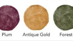 four different shades of paint with the words plum, antique gold, forest green and plum