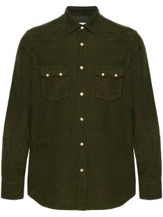 olive green cotton tonal stitching classic collar front button fastening long sleeves buttoned cuffs two chest flap pockets curved hem Green Collared Camp Shirt With Button Closure, Green Cotton Utility Shirt, Olive Button-up Cotton Outerwear, Olive Cotton Button-up Shirt, Green Button-up Shirt With Snap Buttons, Green Cotton, Flap Pocket, Cotton Shirt, Olive Green