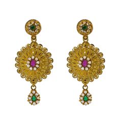 Enter into every room with statement pieces that speak before you do, such as this exquisite 22K yellow gold gemstone Necklace Set from Virani Jewelers. Features: • 22K Yellow Gold • Rubies, Emeralds & CZ Gems • Round Flower Pendants Virani Jewelers has always been committed to providing only the purest in 22K gold jewelry with beautiful and timeless jewelry pieces. This exquisite 22K yellow gold gemstone necklace set is no exception. This bold and beautiful necklace set is encrusted with precio Festive Yellow Hallmarked Jewelry, Traditional Gold Plated Multi-stone Jewelry, Exquisite Gold Multi-stone Jewelry, Yellow Gold Jeweled Chandbali Jewelry, Traditional Multi-stone Gold Plated Jewelry, Exquisite Multi-stone Gold Jewelry, Exquisite Gold Chandbali Jewelry, Traditional Jeweled Yellow Gold Jewelry, 22k Gold Multi-stone Necklace