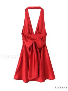 Elegant Backless Mini Dress Red Satin Mini Dress, Backless Mini Dress, Halter Mini Dress, Satin Mini Dress, Long Sleeve Maxi, Red Satin, Evening Attire, Flowing Maxi Dress, Glamorous Evening Gowns