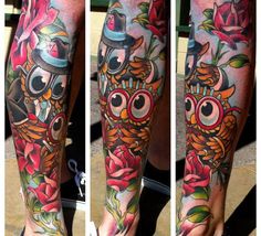 an owl with a top hat and flowers on his leg