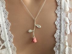 "Pink Necklace, Pink Pendant Necklace, Pink Bridesmaids, Pink Wedding, Pale pink Necklace, Pink Jewelry This dainty Long Stemmed Pink Rose Necklace is an Original Design by Penelope's Porch. Personalized with tiny rose leaf charms that are hand stamped with the initials of your choice. The rose petals are hand enameled in Cobalt Blue. The leaves are hand stamped and plated in 16kt gold or Sterling Silver. The chain is approximately 18\" 16kt gold or Sterling Silver plate. ♥ Please let me know wh Delicate Pink Jewelry For Anniversary, Silver Rose Design Jewelry For Wedding, Silver Wedding Jewelry With Rose Design, Delicate Pink Necklace For Valentine's Day, Rose Colored Jewelry For Mother's Day Party, Rose Jewelry For Mother's Day Party, Pink Rose Design Jewelry For Valentine's Day, Delicate Pink Necklace For Bridesmaid Gift, Rose-colored Jewelry For Mother's Day Party