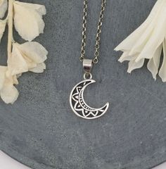 "Sterling silver boho moon charm on a sterling silver chain - sterling silver moon charm - sterling silver chain - 16\" or 18\" chain - your choice - Pendant measures 14x14mm" Silver Moon Necklace, Moon Necklace Silver, Boho Moon, Mixed Metal Earrings, Necklace Unique, Silver Moon, Moon Charm, Pendant Silver, Travel Jewelry