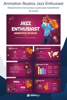 Animation Studios Jazz Enthusiast MK Minitheme Music Powerpoint, Cool Music, Animation Studios, Great Presentations, Famous Names, About Music, Power Point Template, Art Poster Design