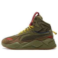 PUMA Rs-x Mid C Militia Wtr 'Green Red Yellow' 385521-01 (SNKR/Unisex/Mid Top/Training/Non-Slip/Shock-absorbing) Casual Green Sneakers With Red Sole, Green Sneakers With Red Sole For Sports, Red Lace-up High-top Sneakers For Outdoor, High-top Puma Sneakers For Outdoor, Outdoor High-top Sneakers With Puma Logo, Outdoor High-top Puma Sneakers, Green Winter Sports Sneakers, Casual Multicolor High-top Sneakers For Outdoor, Winter Lace-up Sneakers With Red Sole